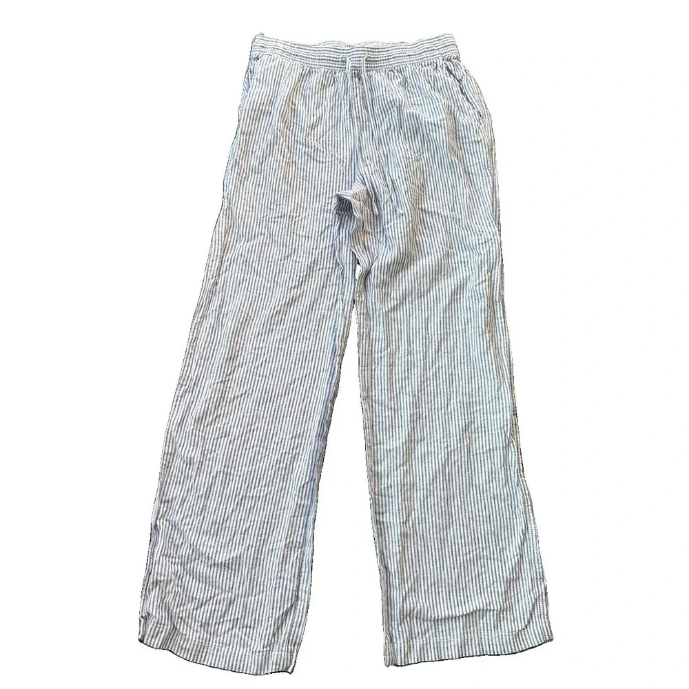 H&M Linen Blend Blue White Pinstripe Wide Leg Pants Small Casual Coastal Resort